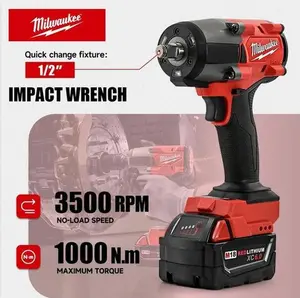 Milwaukee M18 Brushless 1/2" Mid-Torque Impact Wrench with Brushless Motor, 1000Nm Maximum Torque, 0-2000RPM No-Load Speed, 0-3500IPM Impact Rate, For Automotive Repair, Construction, Heavy Machinery Maintenance, and Industrial Assembly Tasks