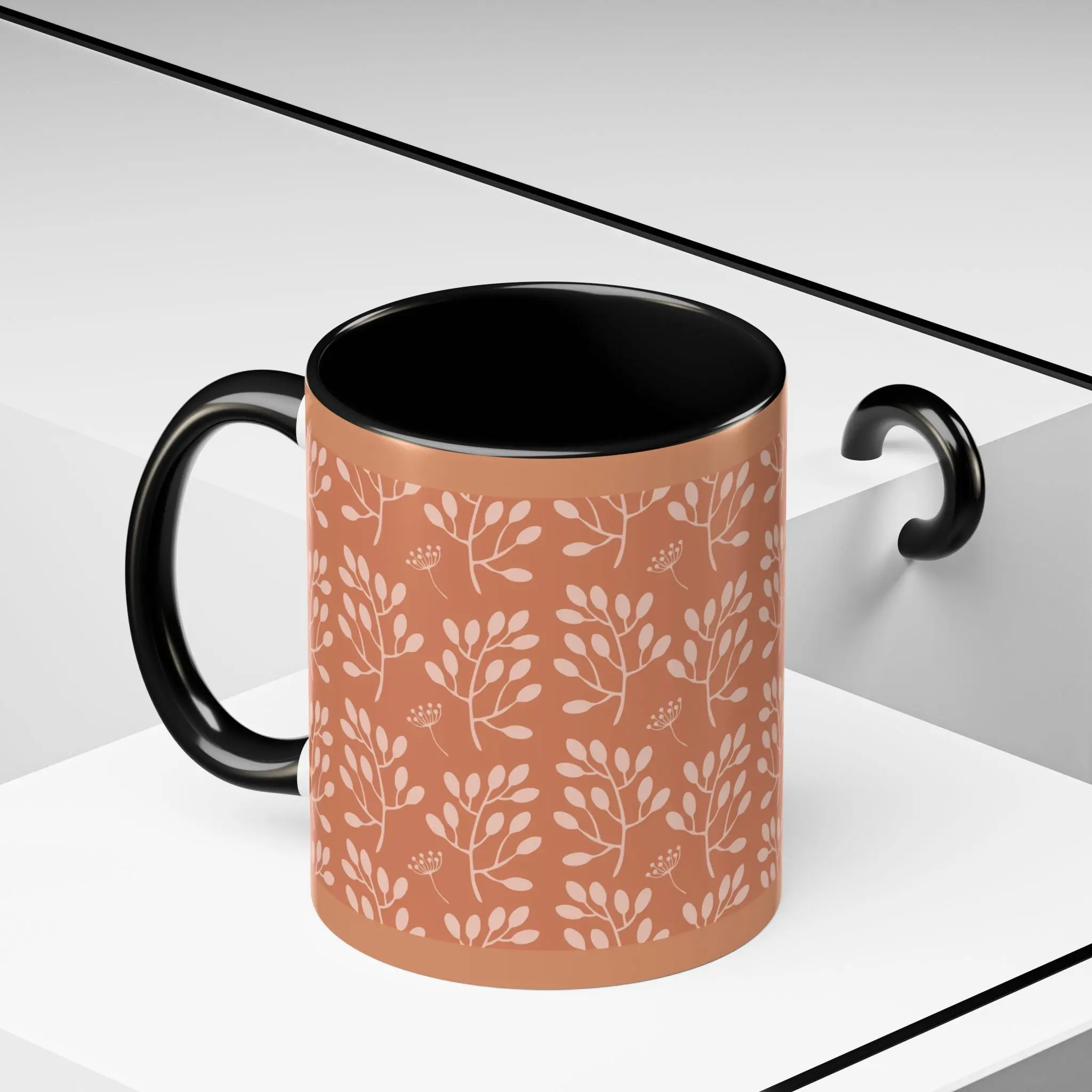 Terracotta Botanical Accent Coffee Mug – Minimal Leaf Pattern (11/15oz)