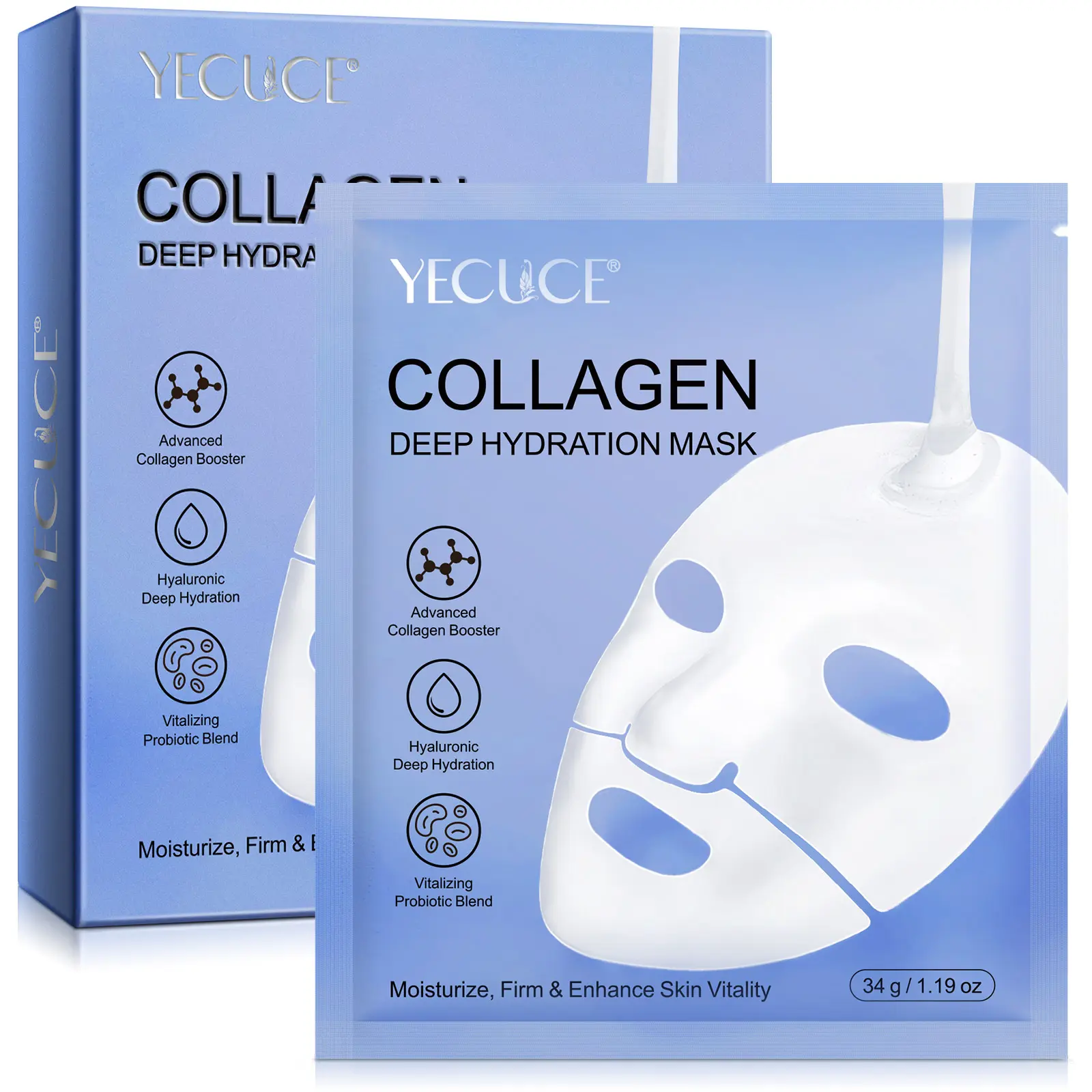 YECUCE Collagen Mask, Organic Collagen Mask， Collagen Supplement Film, Korean Sheet Mask (6 Pieces) Hyaluronic Hydration Skin Moisturize Probiotic Enhance
