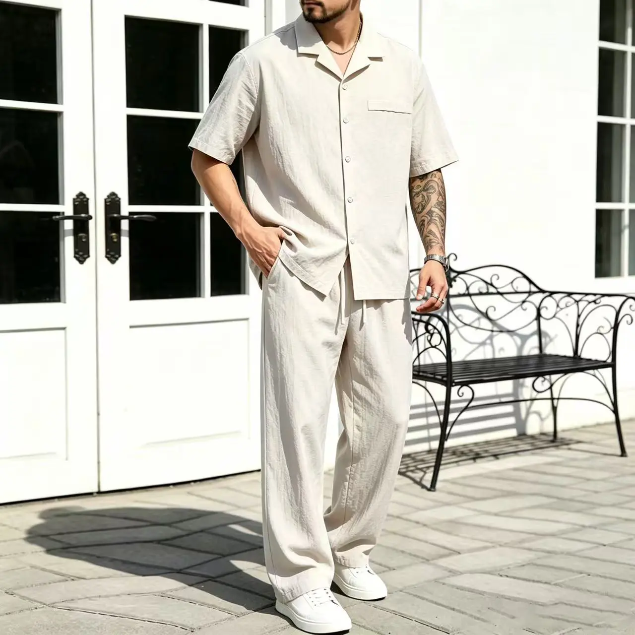 Men's Stylish 2-Piece Tencel-Lyocell Short-Sleeve Outfits - New Summer Collection, Cool Breathable Casual Set, Smooth Drape, Buttons, Pockets, Straight Pants, Ideal for Everyday Wear, Work