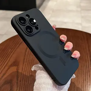 For iPhone 17 Pro Max 16 15 14 13 12 11 Pro Max Mag Safe Slim Case with Glass Camera Lens Cover Durable Silicone Slim Shockproof Cover (Black)