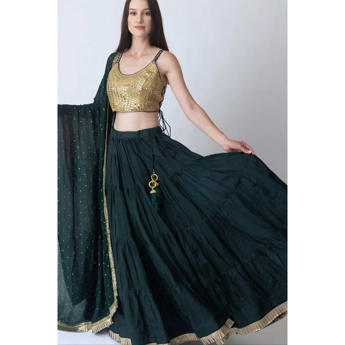 Green and Gold Lehenga Choli with Mirror Work Blouse