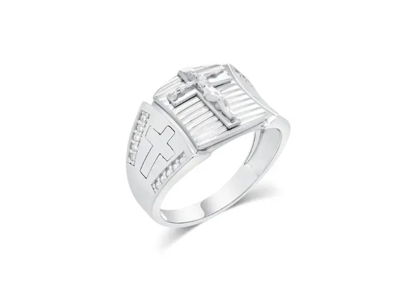 Unisex Cross Ring with Moissanite Accents, Nickel Free Modern Jewelry with Durable Rhodium Finish, Daily Wear, Moissanite Stones, Male, Adults, Iced, Modern Elegance, Rhodium Plated, Silver, Spiritual Symbolism, 0.006 Carat, Meaningful Jewelry, 12.2Mm X 1
