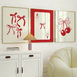 Red Bows Print Set of 3 Poster No Frame| Ace Card Lucky Girl Syndrome | Preppy Room Wall Art | Red Coquette Home Aesthetic Poster | College Apartment Decor