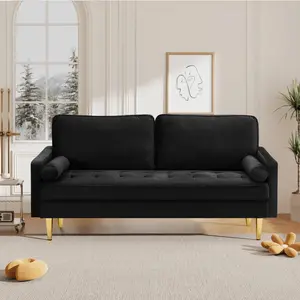 SZLIZCCC 65" Mid Century Modern Loveseat Sofa, 2-Seater Velvet Tufted Love Seat Couch with Bolster Pillows, Golden Metal Legs for Small Space, Living Room, Apartment, Bedroom (Black)