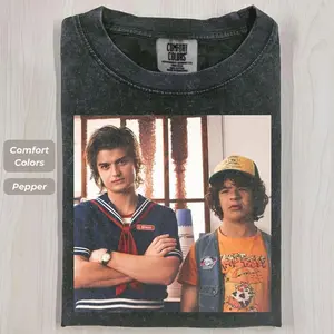 Steve and Dustin Henderson Selfie T Shirt, Scoops Ahoy Duo Graphic Tee, Vintage Stranger Things Oversized Shirt, 80s Nostalgia Acid Wash Merch, Funny Unisex Gift