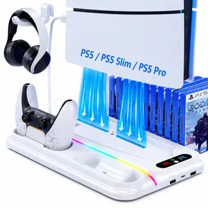 Ponkor PS5 Cooling and Charging Dock, Compatible with PlayStation 5 Standard, Slim and Pro Consoles (Disc & Digital), Adjustable 3-Speed Cooling Fan, 8 Modes Dynamic RGB Lighting, Headset Hook & 3 USB Hubs Wearable controller ps5 accessories