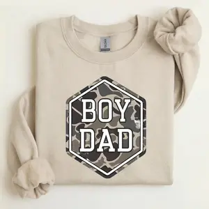 Boy Dad Sweatshirt, Camouflage Hexagon Graphic Crewneck for Fathers, Father’s Day Gift for Dad, Casual Trendy Men’s Pullover
