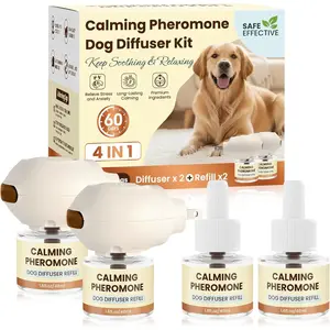 4 IN 1 Dog Pheromones Calming Diffuser Kit (2 Diffusers+2 Refills) Plug In Relieves Dog Separation Anxiety Stress Barking Pee Chewing Aggression 60 Days Odorless