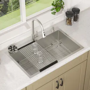 Lordear 33 Inch Drop In Kitchen Sink with Faucet Combo 33 x 22 Stainless Steel Kitchen Sink Top Mount Single Bowl 16 Gauge T304 with Drain Strainer Glass Rinser Soap Dispenser Grid Rollup Rack