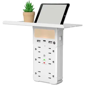 Wall Outlet Extender with Shelf and Night Light, Surge Protector with 3 USB Ports (2A+1C) and 6 AC Outlets, Multi Plug Power Strip Electric Outlet Splitter for Home and Office Use, White