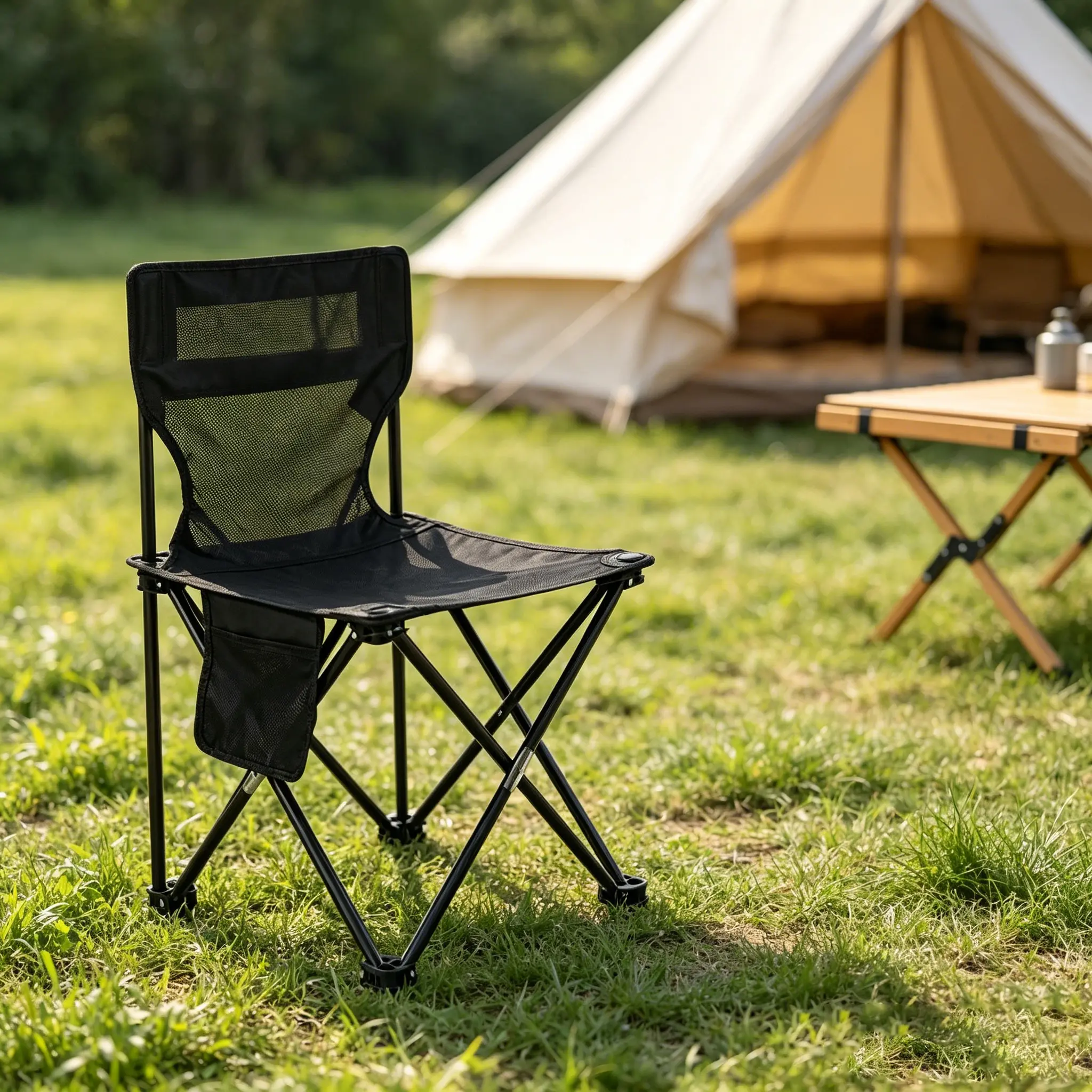 Foldable camping chair with portable storage bag - Black foldable outdoor camping chair with storage side pocket, portable and lightweight beach fishing lawn chair, suitable for travel picnics