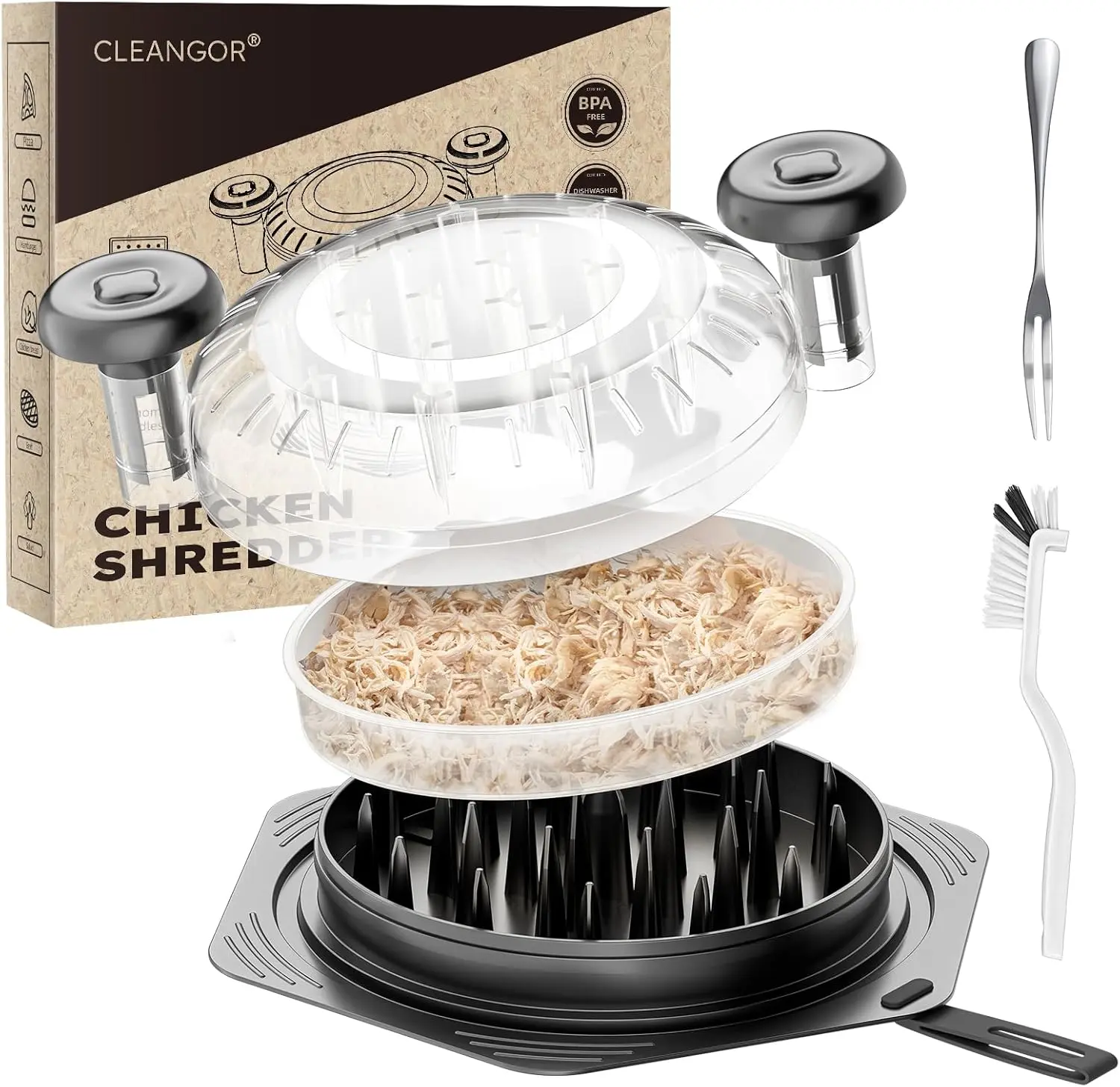 Cleangor Chicken Shredder Tool Twist Large, BPA Free Meat Shredder with Ergonomic Handle, Non-Slip Food Shredder Tool for Pork, Beef, Set of Chicken Breast Shredder with Brush & Fork