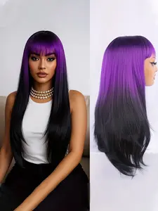 24 Inch Layered Straight Gradient With Bangs Bangs Wig, High Temperature Fiber, Synthetic Hair, Basic Style, Suitable for Daily Wear, Cosplay, Festivals, Halloween, Christmas