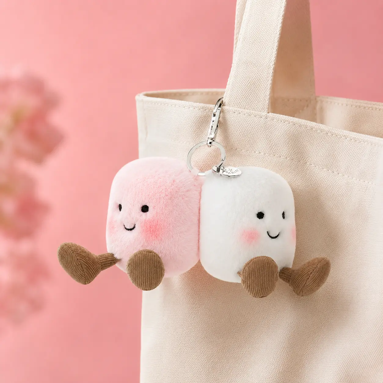Jellycat Amuseables Pair of Marshmallows Bag Charm, Pink & White Plush Keychain, Cute Mini Bag Accessory for Backpack, Purse, Keys & Gifts