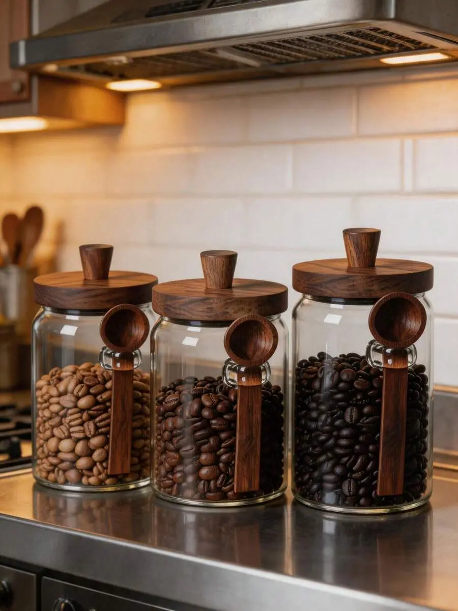 3Pcs Modern Farmhouse Clear Glass Jars Set, 15oz 20oz 26oz Airtight Food Storage Canisters with Wooden Lids & Spoons, Kitchen Pantry Countertop Organizer for Coffee Beans, Tea, Sugar, Candy, Nuts, Bath Salts, Decorative Glass Containers for Home