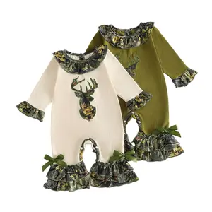 Infant Baby Girl Fall Romper Deer Head Embroidery Ruffles Long Sleeve Christmas Bodysuits Jumpsuits 0-18 Months