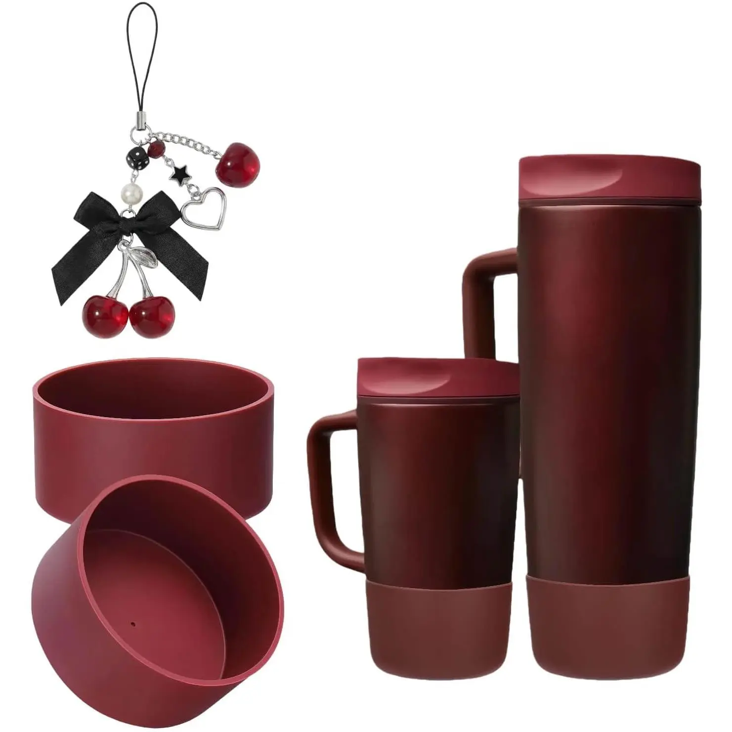Black Cherry Waterbottle Accessories Set, 2-Piece Scratch-Resistant Silicone Boot & Pendant Charm, Anti-Slip Sleeve for 20-40 oz Sports Water Bottles with Bold Design and Color, Bold Look
