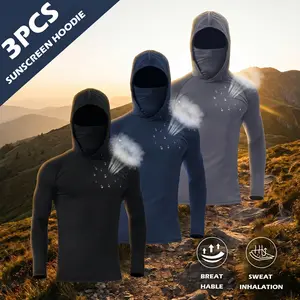 Set of 3 men's quick-drying windproof hooded long-sleeve sports tops, includes face mask, suitable for outdoor activities, running, and fitness compression sportswear.