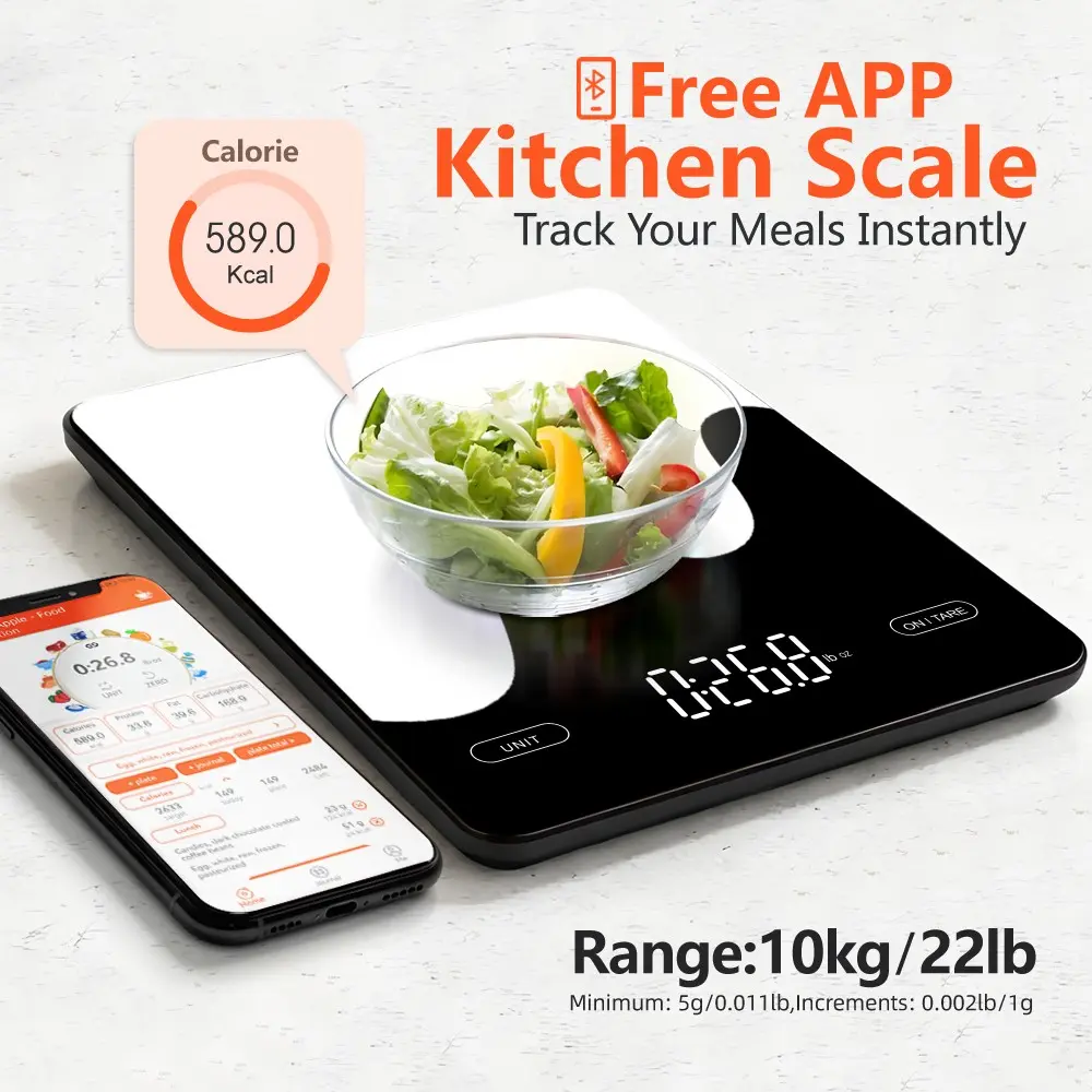 10 kg 22 lb Capacity Smart Kitchen Scale, Glass Surface Digital Food Scale, Cooking Scale with Free App, Nutrition Scale, Accurate Digital Scale, Calorie Macro Counter for Diet, Meal Prep & Fitness, Food Weight Scale