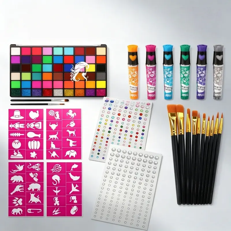 54 Color Water-Based Face Painting Kit, Face Body Paint, Includes 6 Brushes, Templates, Gem Stickers, 12 Paintbrushes, Non-Toxic, Perfect for Halloween, Cosplay, Carnival