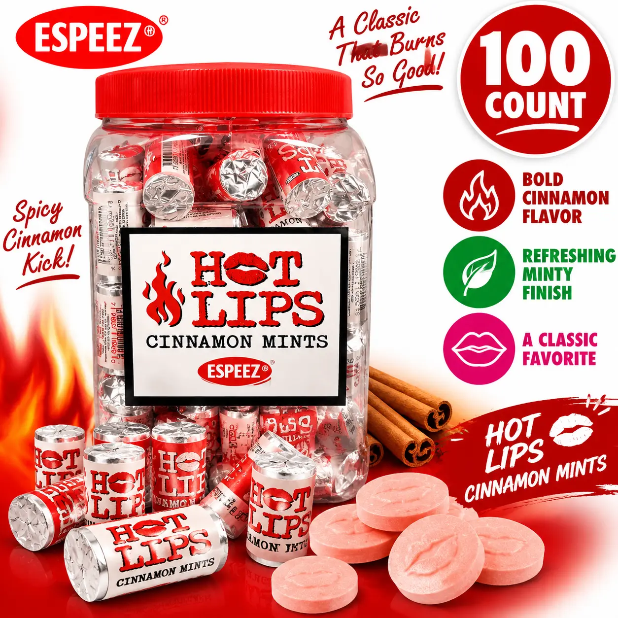 Espeez Hot Lips Cinnamon Mint Candy Rolls 100 Count Jar Spicy Cinnamon Candy