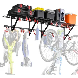 Garage Wall Shelving Includes  Hooks, Sturdy Adjustable Garage Shelving Wall Mount Garage/Organizer (Black, 2-Pack)