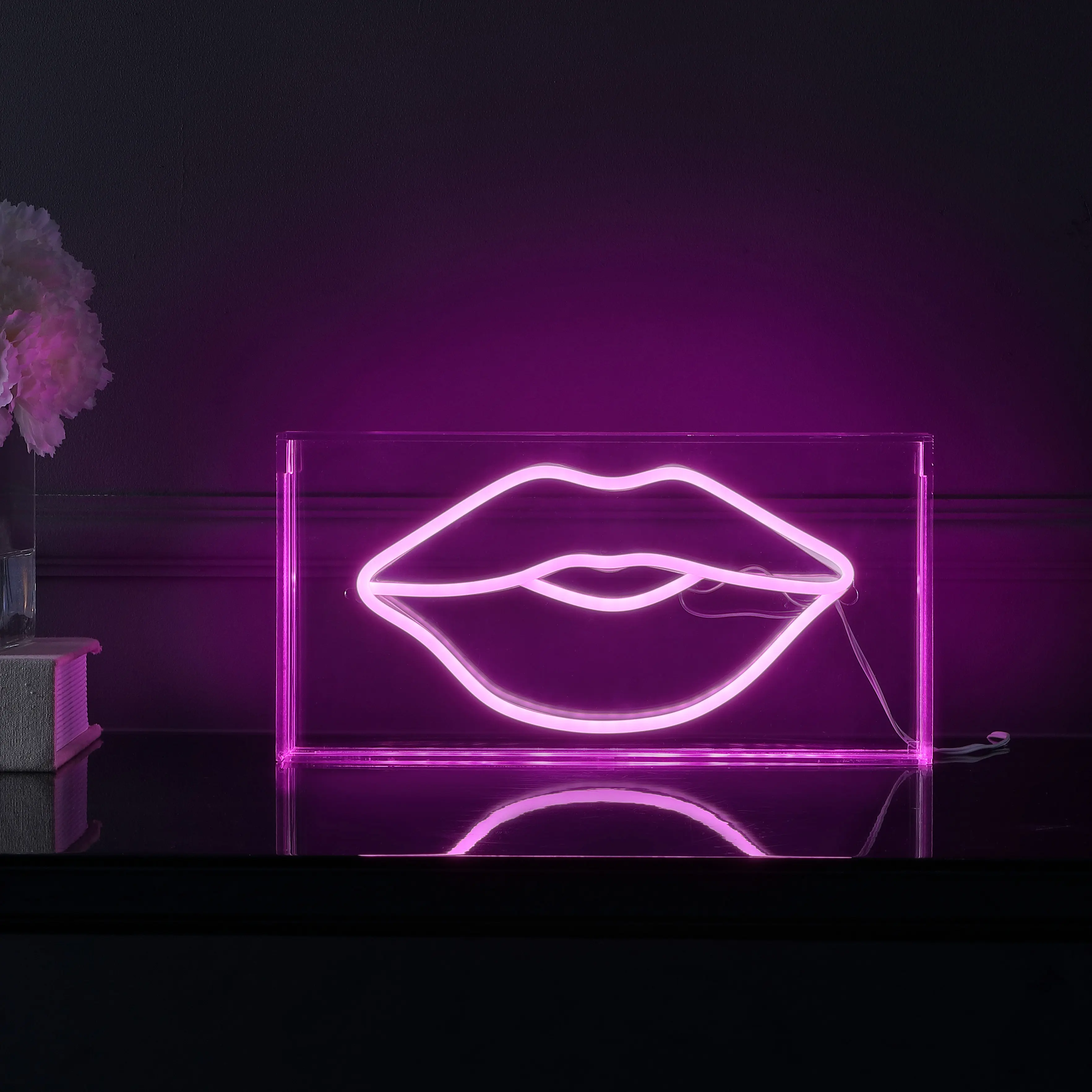 JONATHAN Y Lips Contemporary Glam Acrylic Box USB-Operated LED Neon Sign Night Light, Decorative Neon Light for Dorm, Living Room (For College Students)