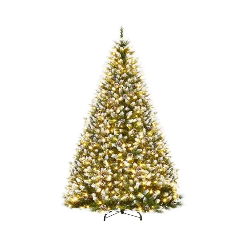 9 ft Pre-Decorated Lighted Artificial Christmas Tree Set - Round Top, Partial Flock, 1738 Branch Tips, 900 LED Lights, Pinecones, Ornaments, Metal Base, Easy Install, Classic Christmas Decor, Magical Room Decor for Family Moments, Cozy Gatherings