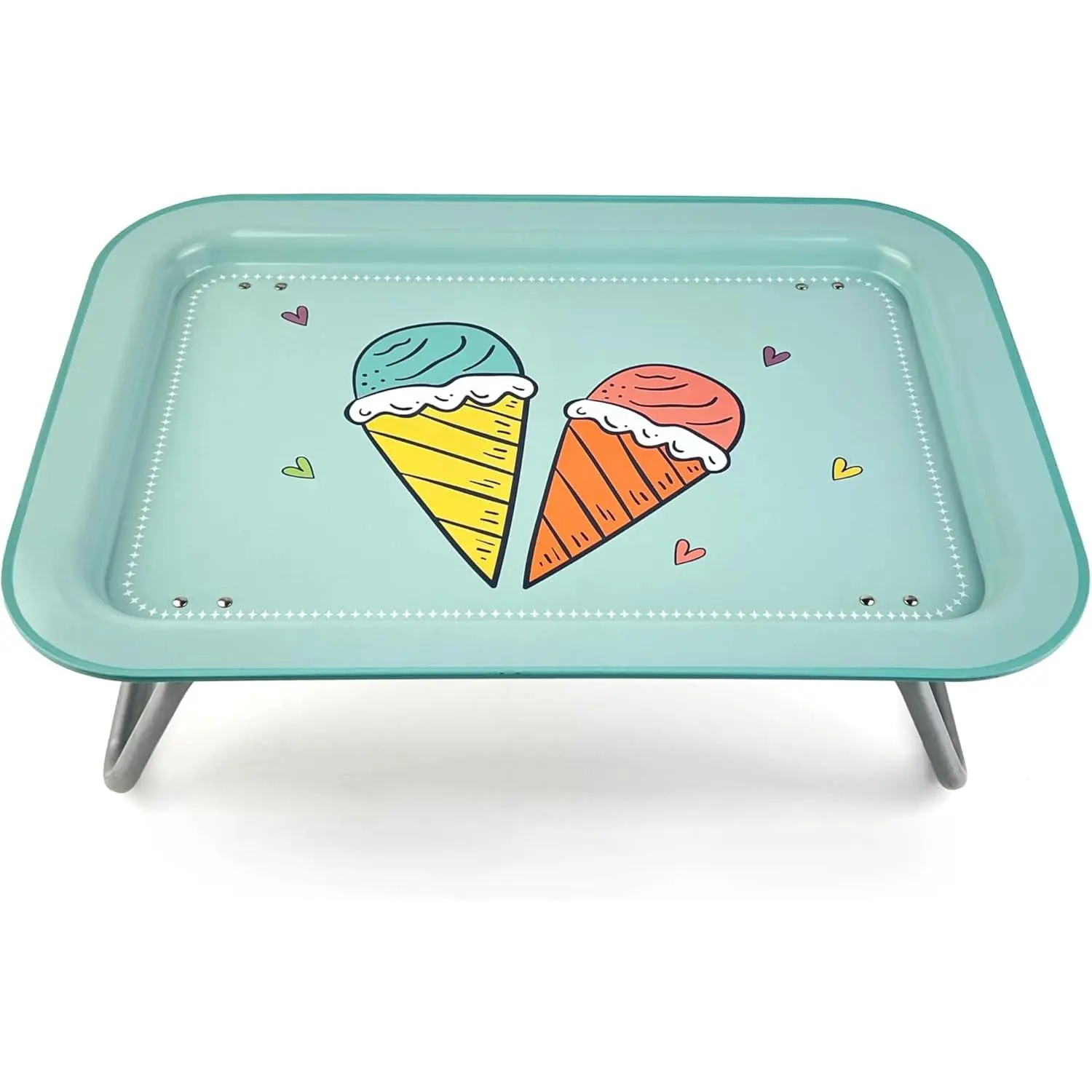 Mint Green Heart Decor Metal Folding Tray Table - 17x12 in Sturdy Small Portable Lightweight Compact Collapsible Serving Tray with Foldable Legs for Child Arts and Crafts
