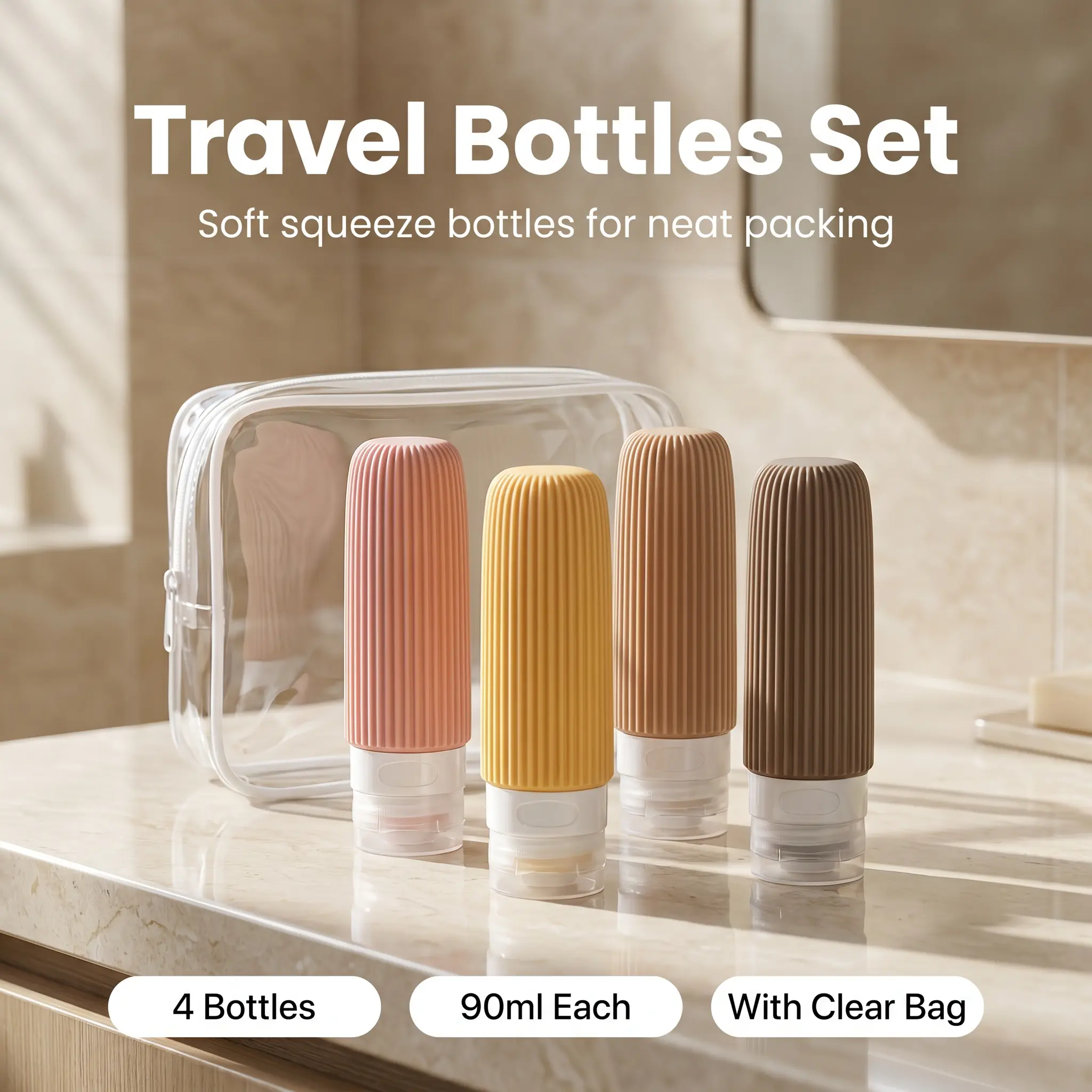4pcs Silicone Travel Bottles TSA Carry On Approved Leak Proof Refillable Squeeze Liquid Containers, Portable Travel Size Toiletry Bottles for Flight & Gym