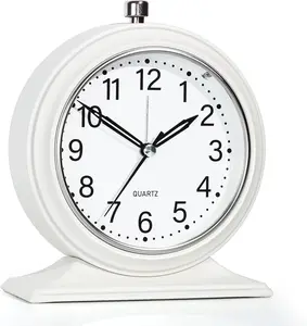 AYRELY® 4-Inch Battery Operated Alarm Clock Silent Analog Desk Clocks with Light Vintage Metal Table Clock for Living Room Shelf Bedside Home Decor (White)