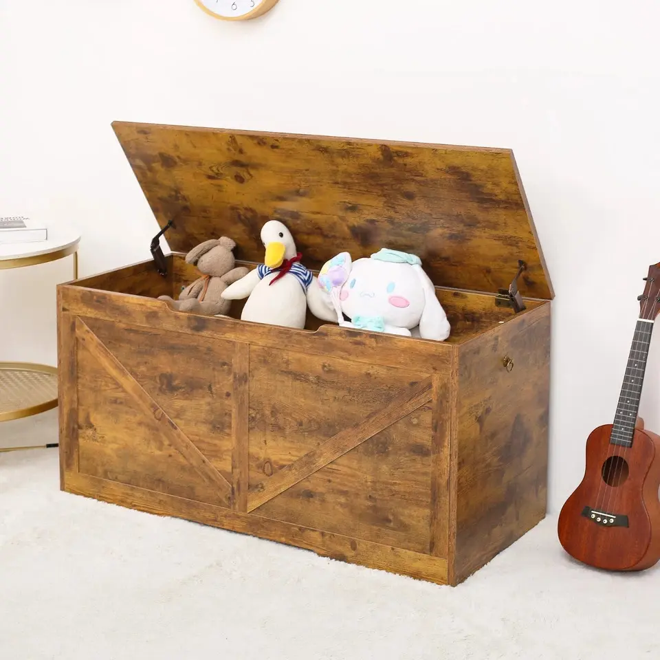 Rustic Wooden Toy Box Chest with Safety Hinges, Large Kids Toy Storage Bench & Organizer Trunk with Soft-Close Flip Top Lid (Rustic Brown, Holds 243 lbs)
