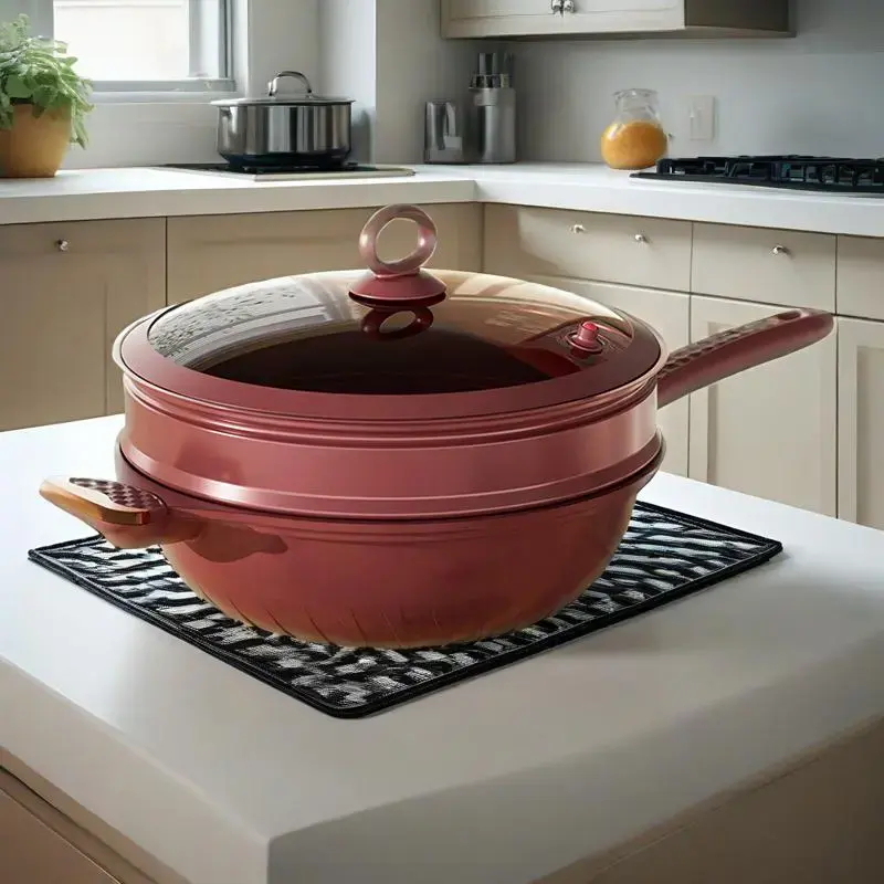 Red Pot 160oz PFA(Perfluoroalkoxy) Free Natural Health Ceramic Pressure Frying Pan, Non-Stick Coating, Steam Rack Included, Multi-Function Cooking Pot for Induction & Gas Stoves