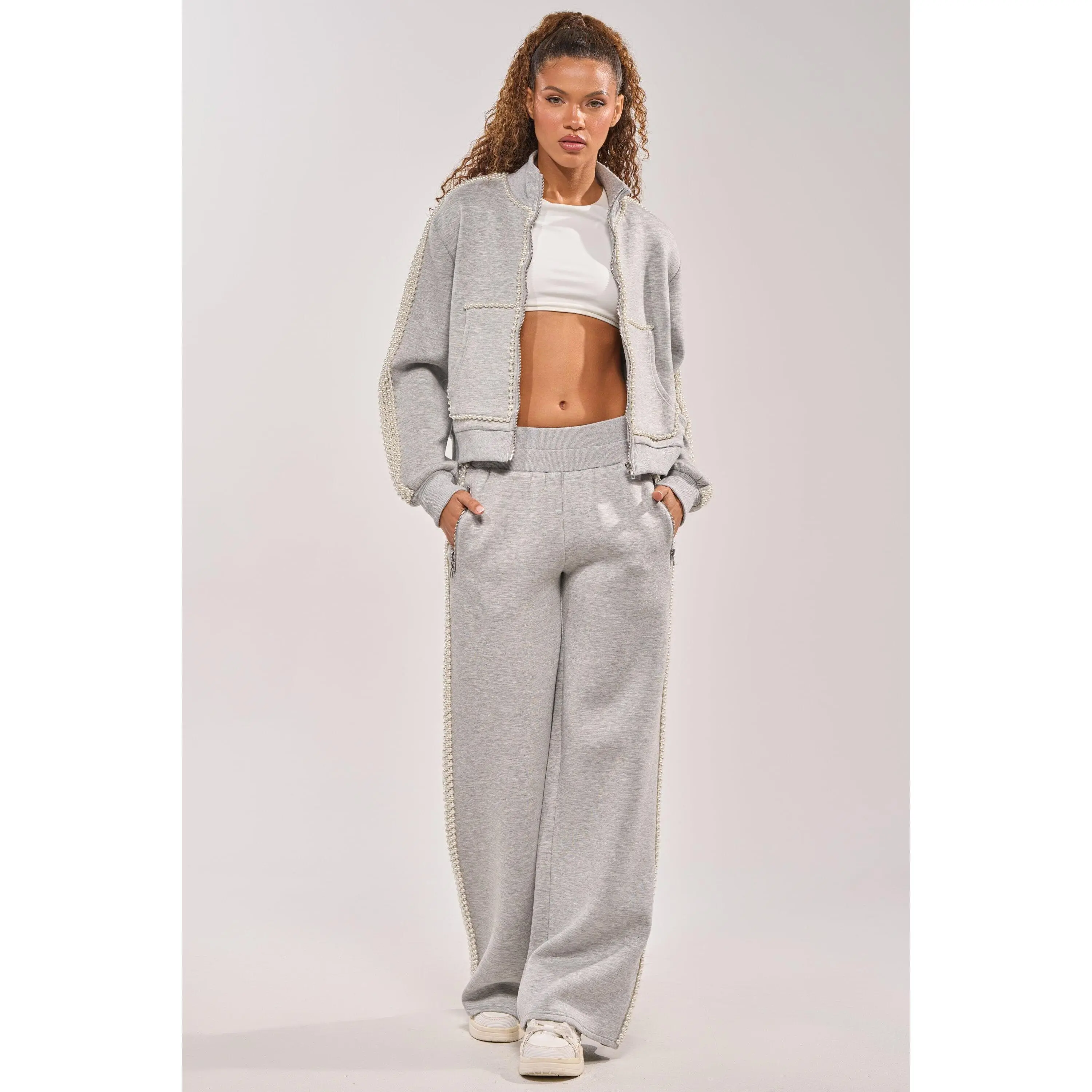 PEARL GIRL WIDE LEG JOGGER IN GREY