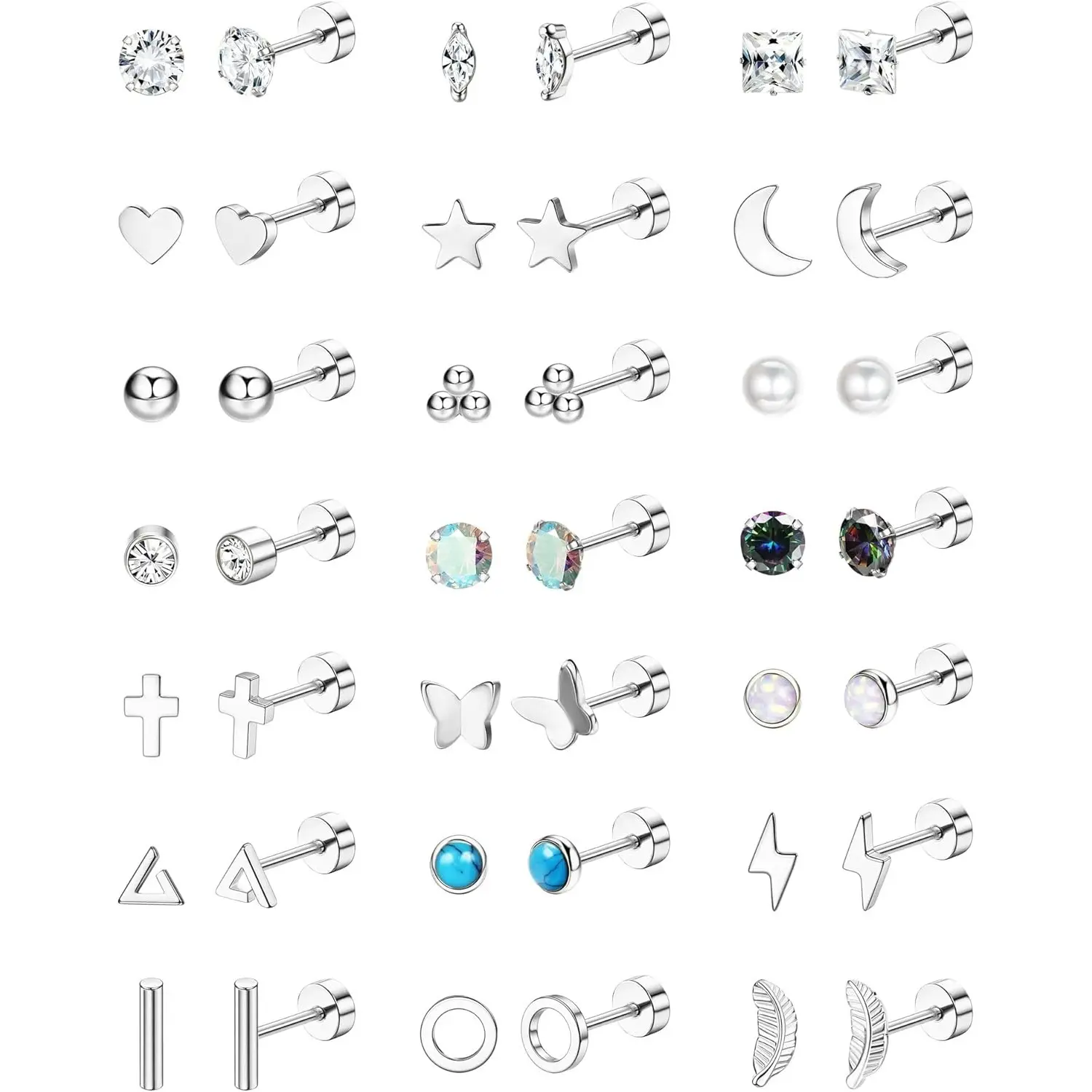 Jstyle Hypoallergenic Flat Back Stud Earrings for Women Men Surgical Stainless Steel Earrings for Sensitive Ears Cartilage Earring Small Studs Earrings Set Stacks Screw Back Earrings Piercing