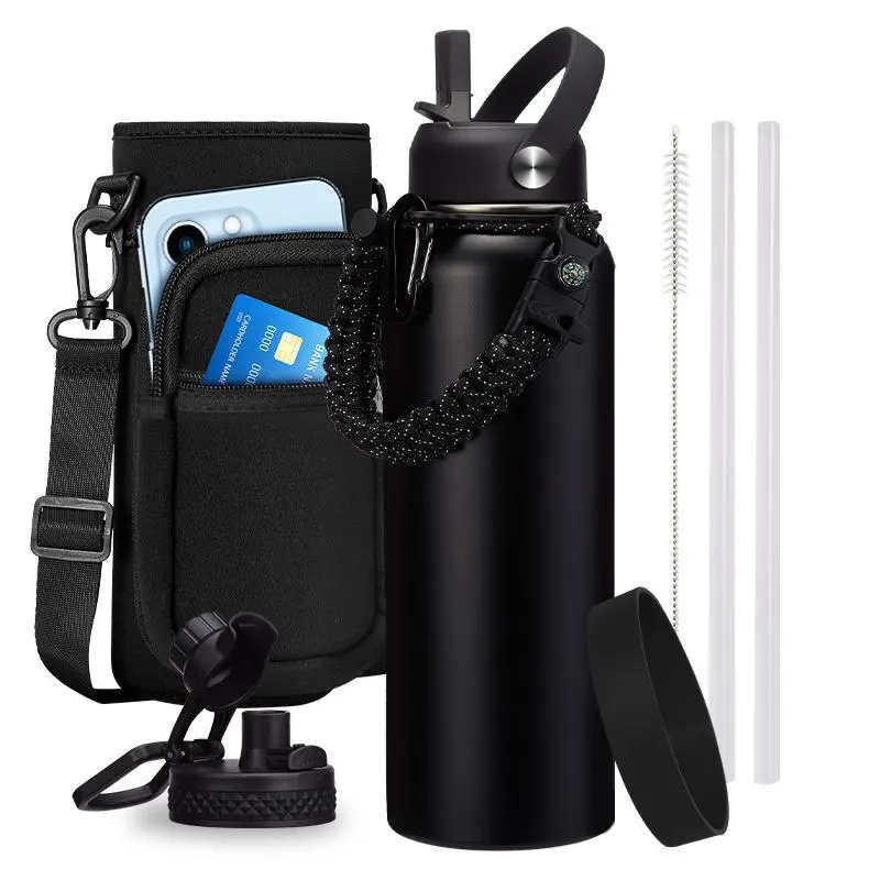 Triple Wall Vacuum Insulated Stainless Steel Bottled Sports Water Jug, Portable 32/40/64/128 oz Leakproof Container with Straw Spout Lid, Paracord Handle, 48-Hr Cold Retention