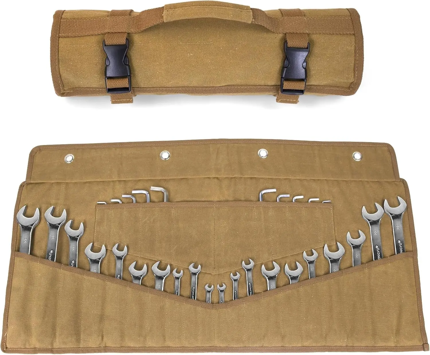 32 Pockets Heavy-Duty 16 oz. Waxed Canvas Wrench Roll Up Bag with Buckles and Handle, Holds Metric and SAE Wrenches (Khaki)