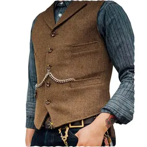 Men’s retro wool floral vest, herringbone solid color, V-neck sleeveless, suitable for dances, business casual wear, retro-themed nights, and formal occasions GARMENTARY