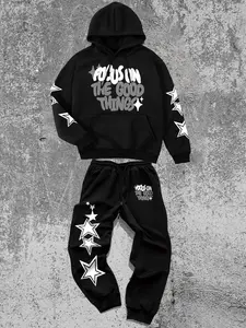 Men's Letter Print Drop Shoulder Hoodie Sweatshirt with Pockets & Star Print Pants Two-piece Set, Regular Fit Casual Fashion Loungewear Cozy Breathable Two Piece Outfits for Daily Wear, Men's Clothes for Fall & Winter