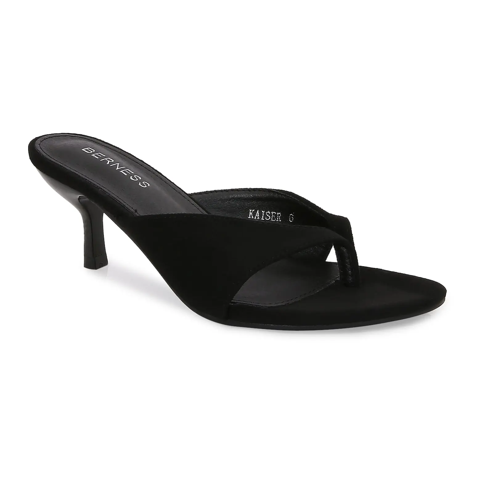 BERNESS Kaiser Faux Suede Thong Mules, Women's Slip On Kitten Heels, Casual Summer Sandals with Memory Foam, Backless Shoes, Shoes For Women, Plain, Almond Toe, Thong Strap Keeps The Look Sleek, Stable Kitten Heel, Fancy Sandals, 1.5" Kitten Lift