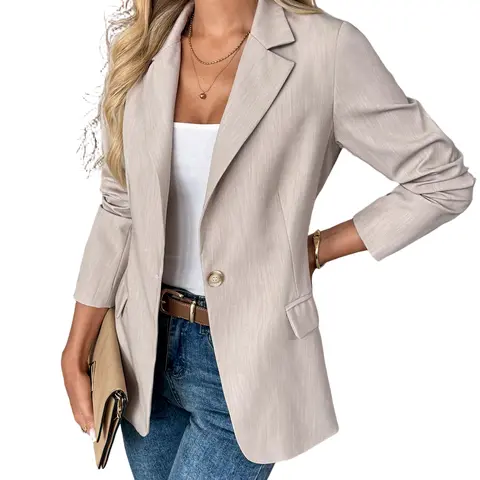 Women's Beige Business Casual Blazer Solid Color Work Jacket Lightweight Office Coat with Button Detail for Professional Spring Fall Outfits Chic Piece Collared Fitted Long Sleeve Minimalist Suits,sohochic