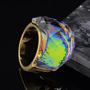 1pc Women's Bohemian Wide Band Ring - Golden Color Stainless Steel with Multicolor Rainbow Transparent Inlays, Birthstone Jewelry for Weddings, Parties & Holidays, Christmas/Birthday Gift, Highquality Opulent Accessory, Durable Fashion, Vintage Design