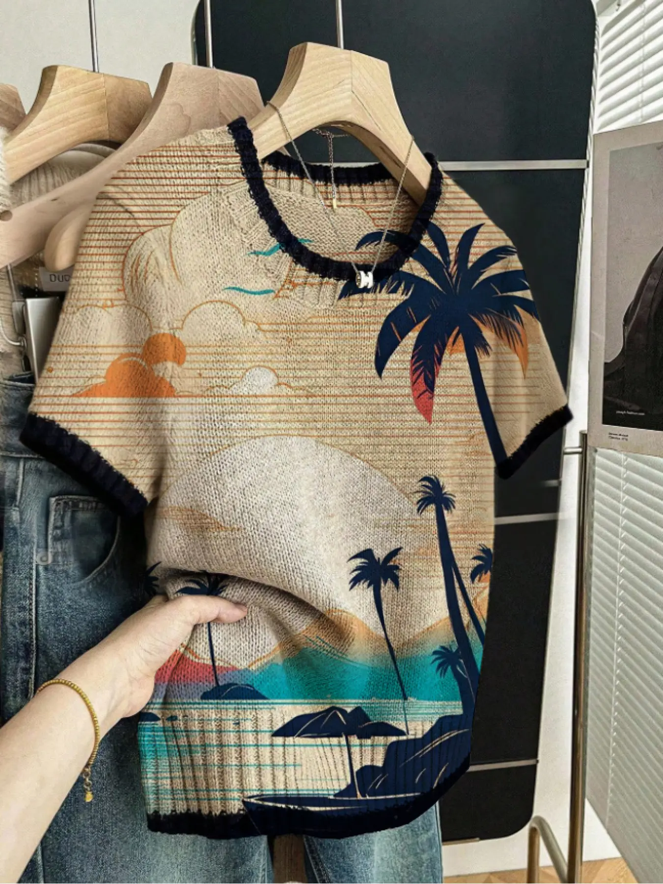 Striped Landscape Print Round Neck Sweater, Casual Short Sleeve Knitwear for Spring Summer Fall, Comfortable Warm Women's Clothing
