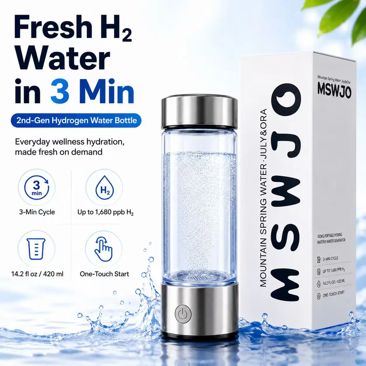 MSWJO Durable Classic Portable Glass Hydrogen Water Bottle - 14.2 oz/500ml, 3-Min Cycle, Type-C Rechargeable, Washable Reusable, Glass Body, Leak-Proof Stainless Steel Lid, H2 Water Generator for Daily Use