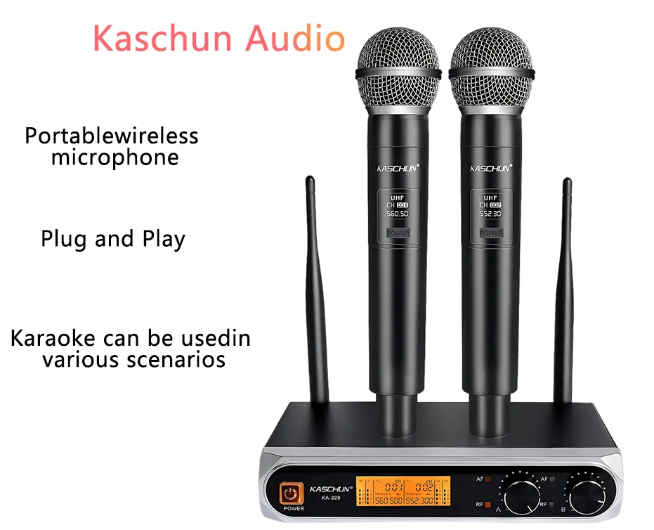 Kaschun KA-328 Durable Metal Portable UHF Wireless Audio Microphone System - 2 Handheld Mics, 100ft Range, Adjustable Receiver, Plug, Adapter, Cable, Noise-Reducing, Multi-Device Compatible for Karaoke, Wedding