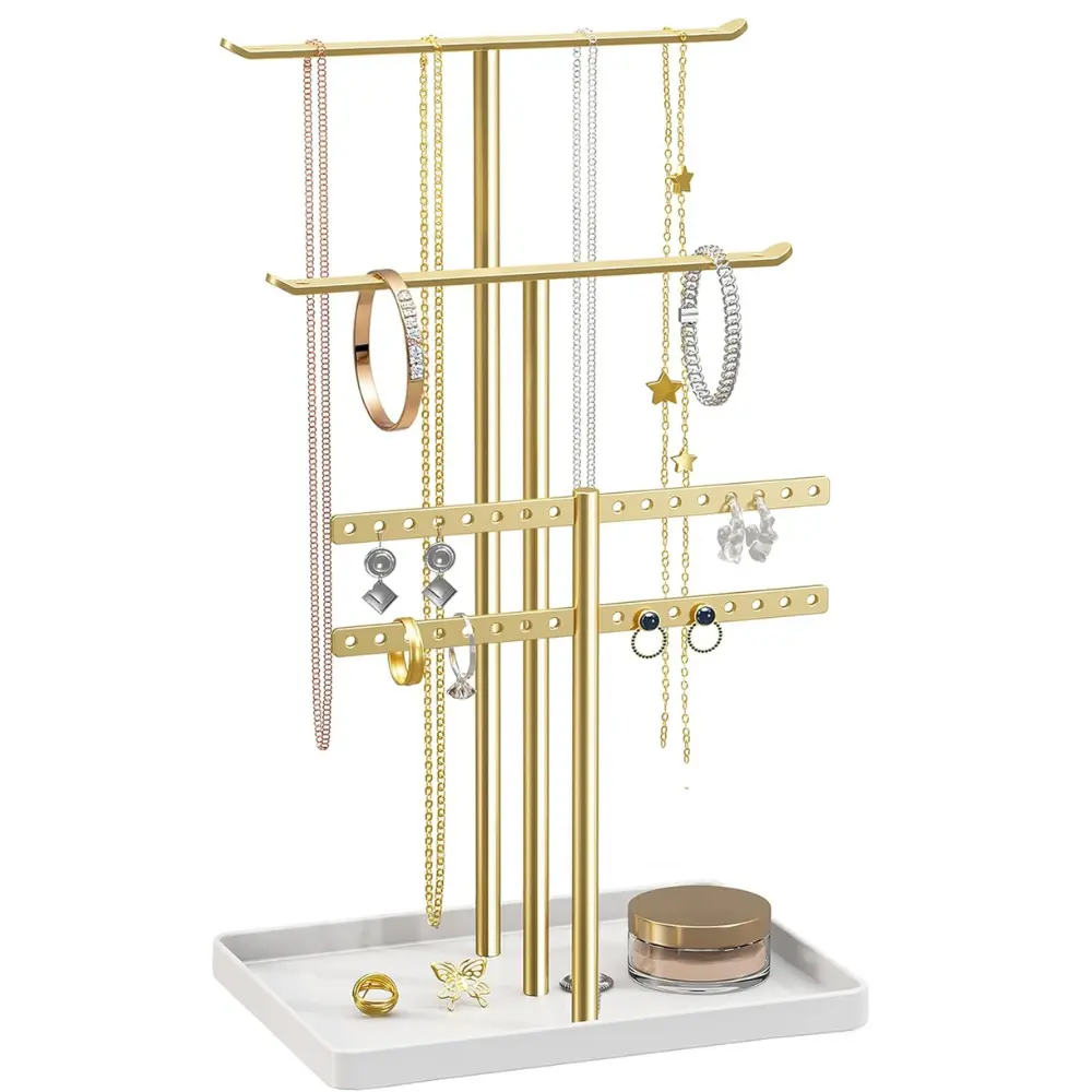 Jewelry Stand Holder Organizer: 14.5" Sturdy Hanger for 80 Pcs Jewelry, Gift for Women, Gold Jewlery Tower for Necklace, Earring, Bracelet