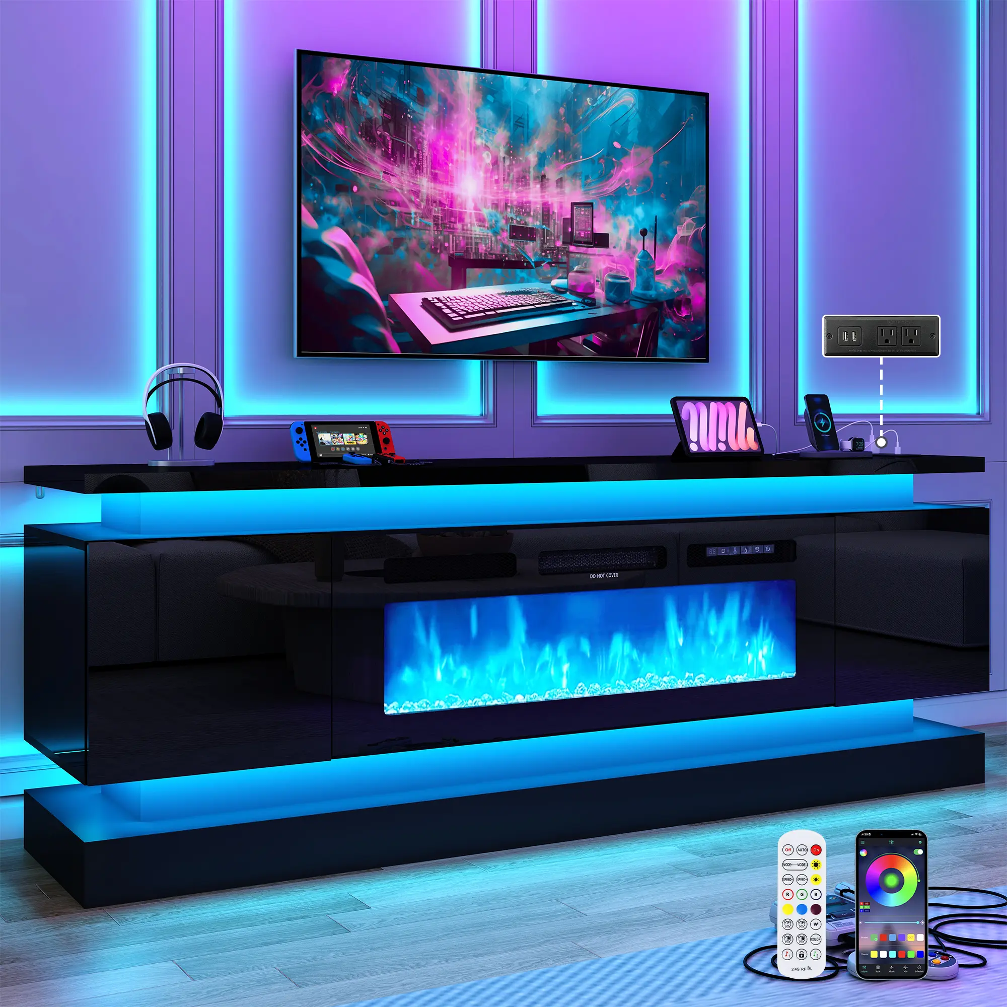 71"/81" Fireplace TV Stand with 40" Electric Fireplace – Modern Media Console with Dual LED Lights & Built-In Power Outlet for TVs Up to  65/75/80 Inch TVs, High Gloss Gaming Entertainment Center,  for Living Room