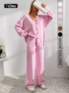 Women's Solid Button-Front Drop-Shoulder Long Sleeves V-Neck Cardigan & Elastic Waist Wide-Leg Pants 2-piece Set, Casual Fashion Cozy Knitwear Set for Daily Outdoor Wear, Women's Outfit for Fall & Winter