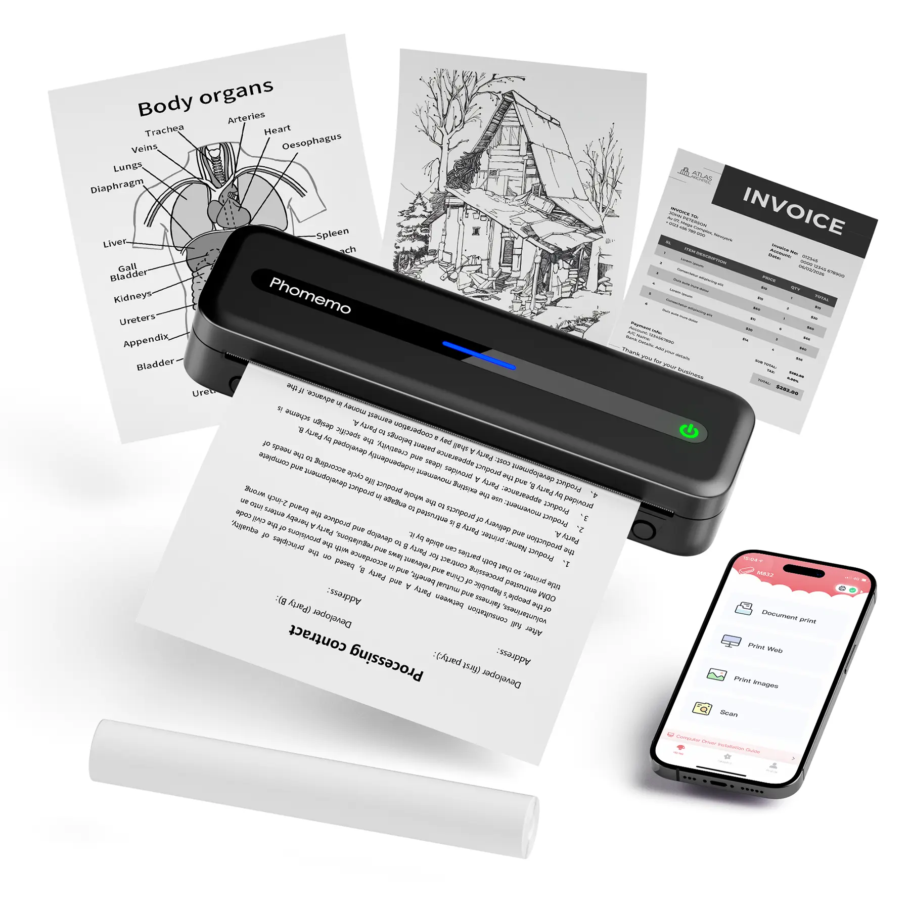 Phomemo Portable Printers Wireless for Travel, M832 Thermal Printer, Bluetooth Inkless Printer Support 8.5''x 11'' US Letter, Compatible with Phone and Laptop for Home, Office, School